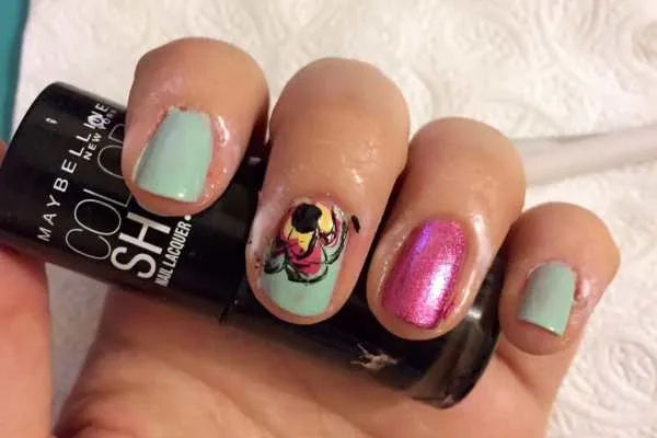 Mint & Pink Abstract Floral Nail Art Design by