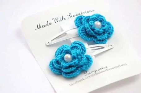 Turquoise Flower Hand Crocheted Hair Clip by Made With Sweetness