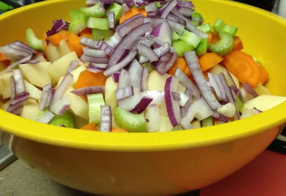 Slow-Cooker Beer and Cheese Chowder by Katie Crafts; veggie pile