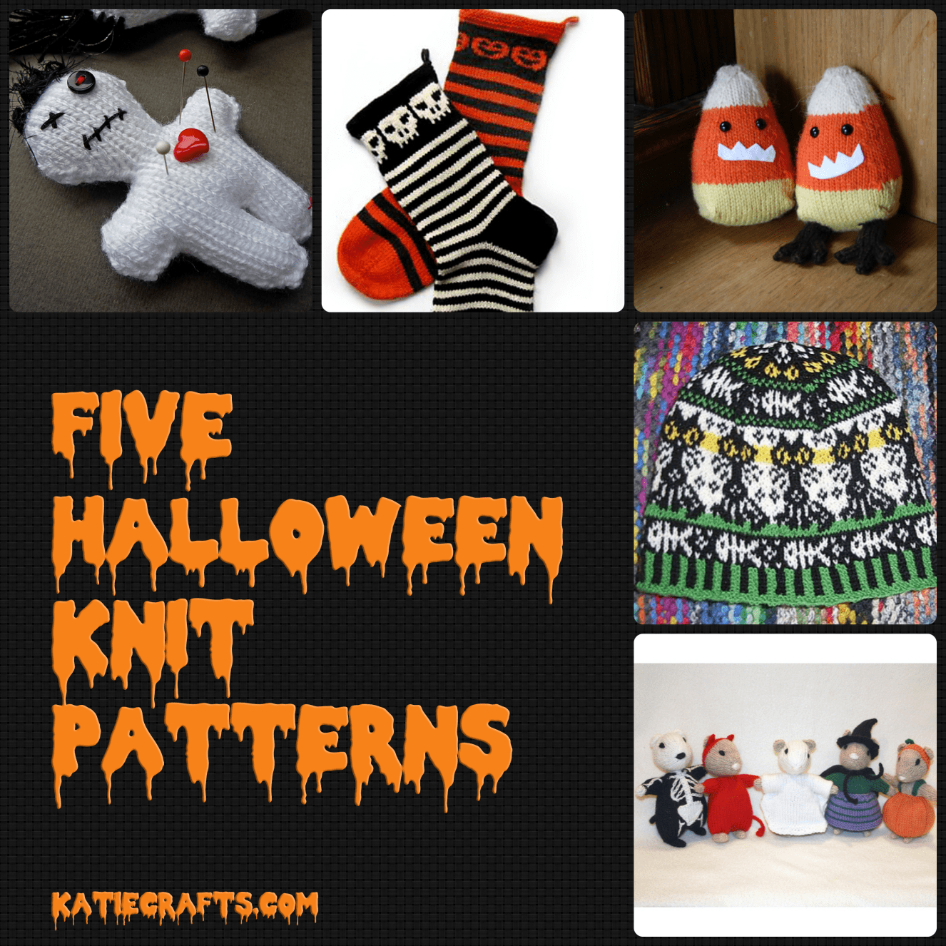 Five Halloween Knit Patterns on Katie Crafts; https://www.katiecrafts.com
