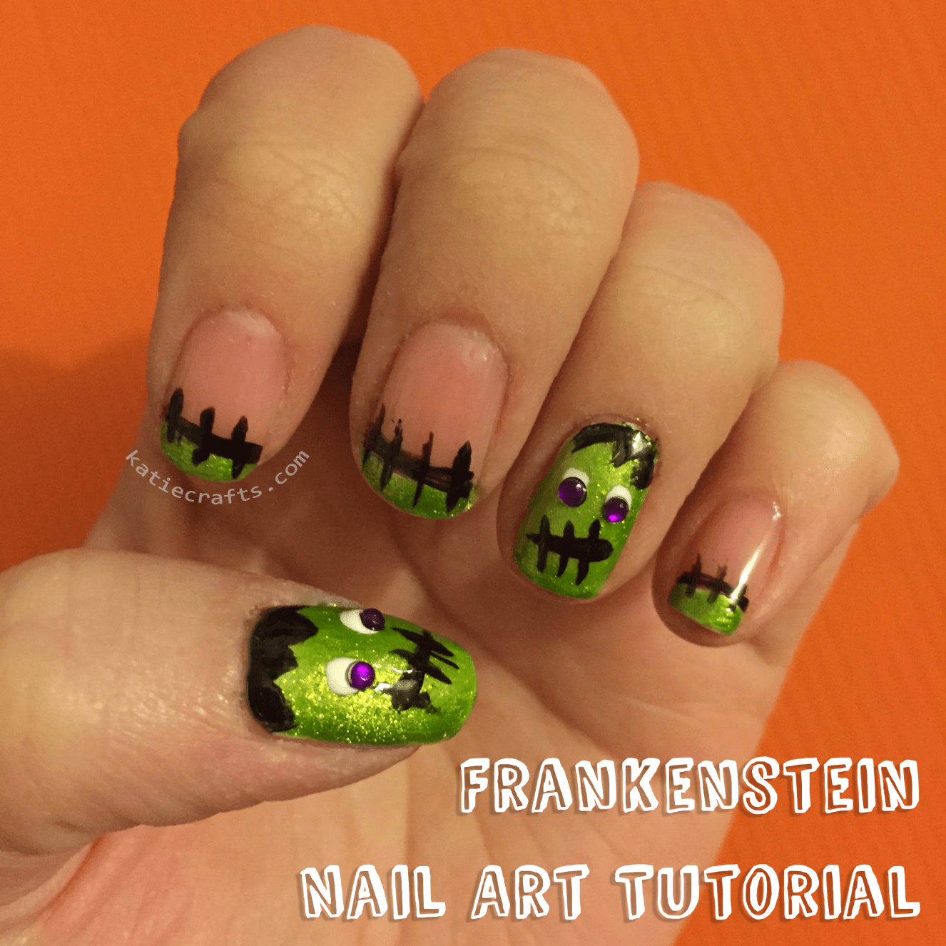 Frankenstein Nail Art Tutorial on Katie Crafts; https://www.katiecrafts.com