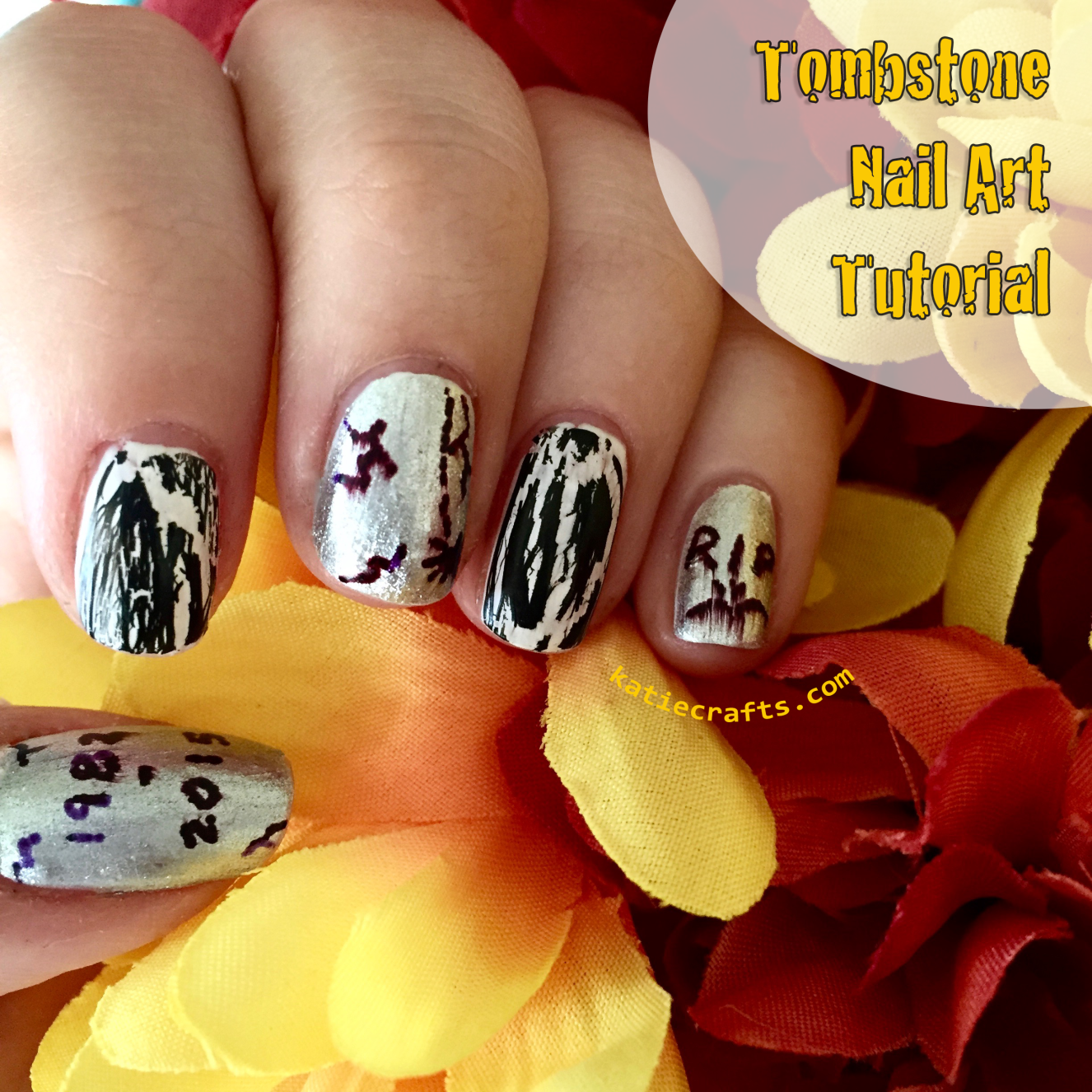 Tombstone Nail Art Tutorial for Halloween on Katie Crafts; https://www.katiecrafts.com