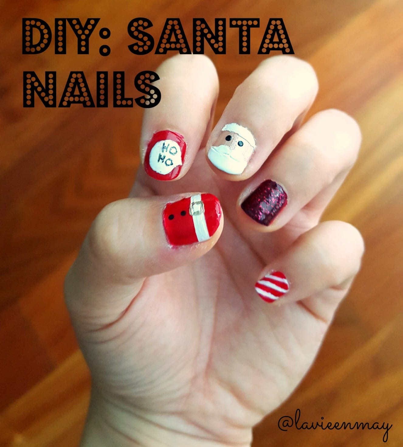 DIY Santa Nail Art Tutorial from La Vie en May on Katie Crafts; https://www.katiecrafts.com